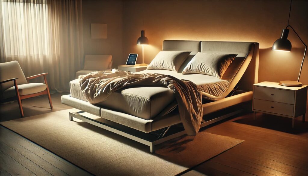 Best Adjustable Bed Bases for Better Sleep and Comfort (Easy Options That Actually Work) dall·e 2026 03 26 21.40.45 a calm, modern bedroom at night captured in cinematic high end lifestyle photography style. the scene features a clean adjustable bed set in a gentle