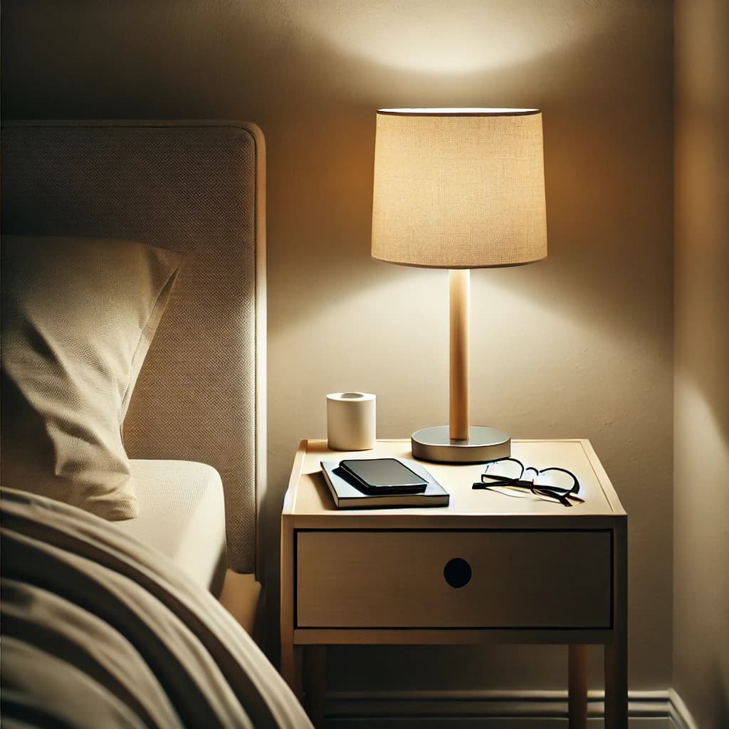 Clean, warmly lit bedroom with soft lamp and organized nightstand — simple bedroom upgrades
