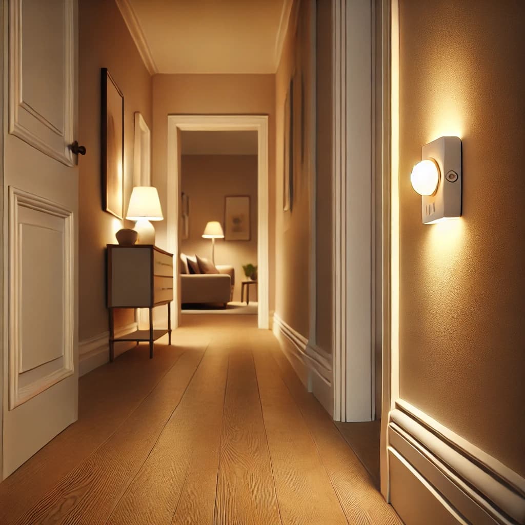 Warm hallway at night with a motion sensor night light softly lighting the floor for safe and easy movement