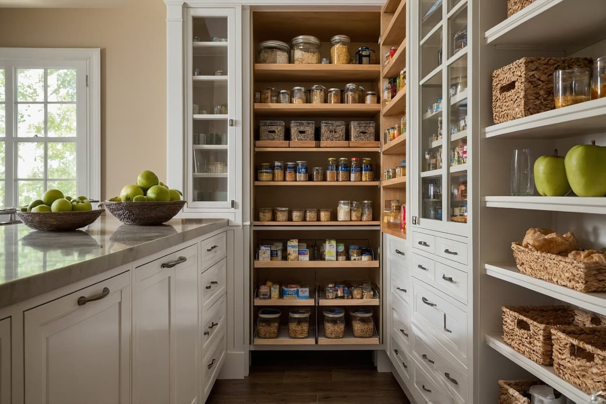 Well-organized kitchen cabinet with pull-out shelf extended and cookware visible — small kitchen upgrades that matter