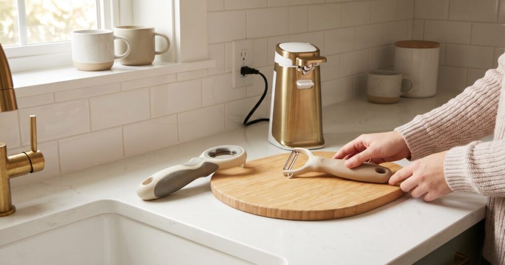 Ergonomic kitchen tools laid out on a clean countertop