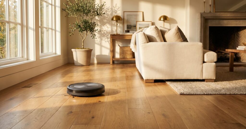 Robot vacuum cleaning hardwood floor in spacious home
