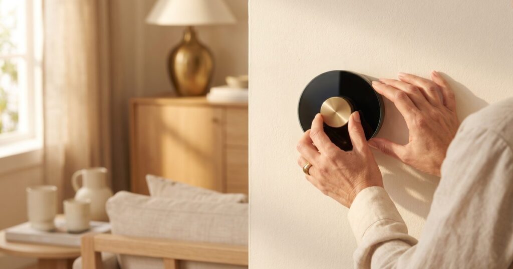 Smart thermostat on wall in modern home living room
