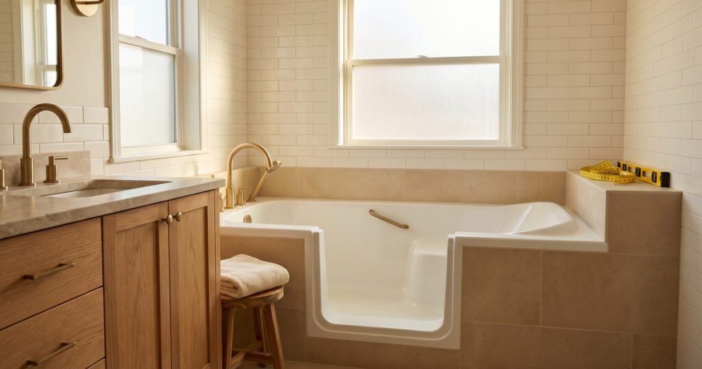 Walk-in bathtub installation in a bright bathroom