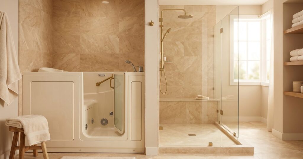 Side by side comparison of walk-in bath and zero-threshold shower